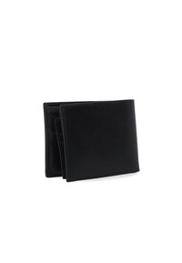Czarny portfel ze skóry o gładkiej fakturze, z projektem typu bi-fold oraz wieloma przegródkami na karty. Prosty i funkcjonalny, z czystymi krawędziami.
