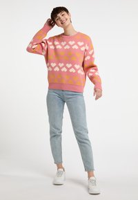 Pulover roz cu modele de inimi albe și galbene, cu manșete și tiv ribbate, purtat cu blugi albaștri deschisi și adidași albi.