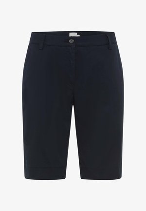 Marineblauwe shorts van middelmatige lengte met riemlussen, knoopsluiting en rits aan de voorkant, ontworpen voor een getailleerde pasvorm.