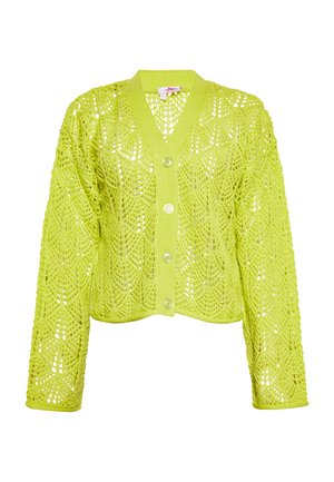 Cardigan scurt de culoare verde lime, confecționat din material tricotat deschis, cu decolteu în V, mâneci lungi și nasturi mari în față cu un model texturat.
