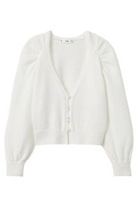 Bílý pletený kardigan s dlouhým rukávem, nabíranými rukávy, véčkovým výstřihem, žebrovanými manžetami a lemem a malými perlovými knoflíky vpředu.