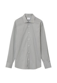 Camicia button-up a maniche lunghe in un tessuto grigio chiaro con un sottile motivo geometrico, dettagli a contrasto e colletto classico.