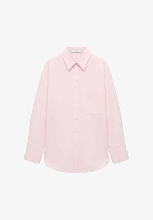 Vaaleanpunainen pitkähihainen paita, jossa on nappikauppa edessä, terävä kaulus, yksi tasku ja sileä rakenne. Ominaisuuksiin kuuluu myös käänteet hihansuissa.