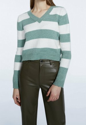 Gestreepte pullover trui in turquoise en wit, met een V-hals, geribbelde manchetten en zoom. Gecombineerd met hoogszittende donkergroene broek.