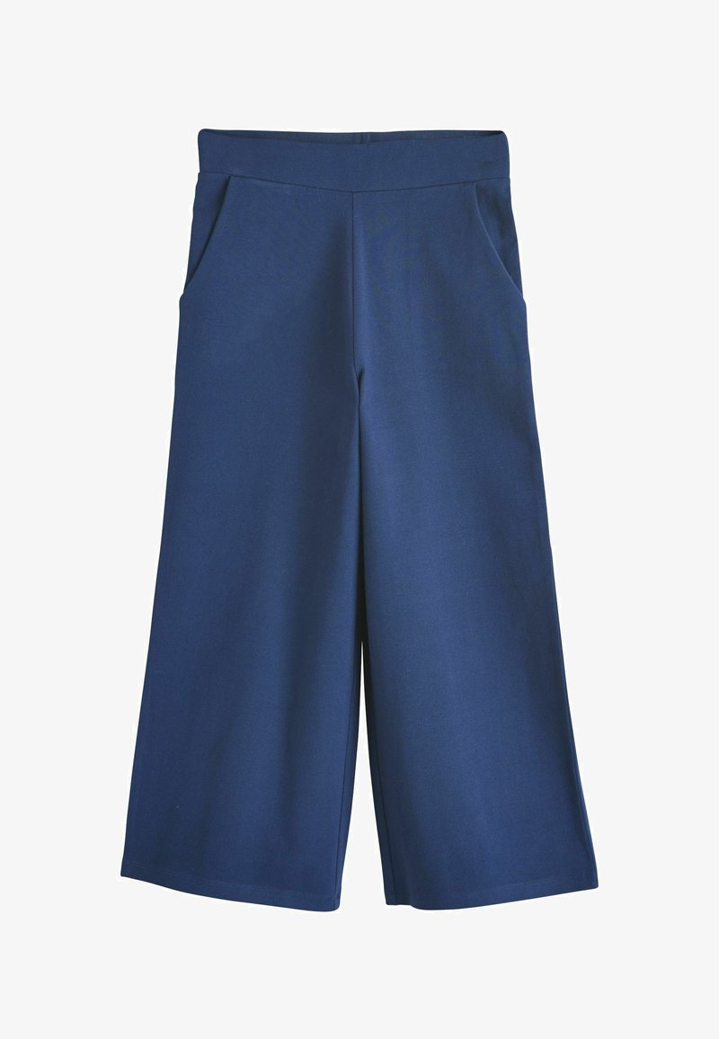 Pantaloni cropped a gamba larga blu navy con tasche laterali e vita aderente.