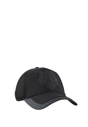 Black mesh baseball cap with curved brim and embossed tiger head design on front panel.
