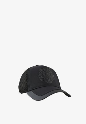Black mesh baseball cap with curved brim and embossed tiger head design on front panel.