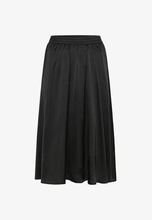 Gonna nera fino al ginocchio realizzata in tessuto leggero con vita elasticizzata e design plissé per una silhouette fluida.