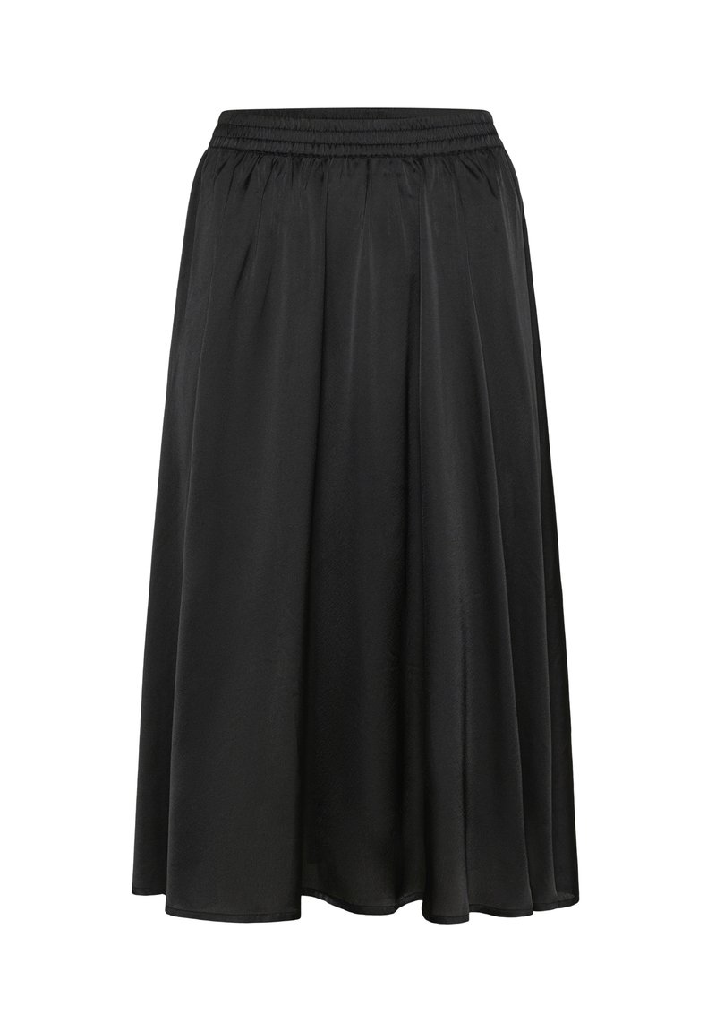 Jupe noire mi-longue en tissu léger, avec une taille élastique et un design plissé pour une silhouette fluide.