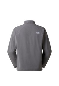 Grijze fleecejas met lange mouwen en een hoge kraag, met het The North Face-logo aan de rechterbovenkant van de rug.