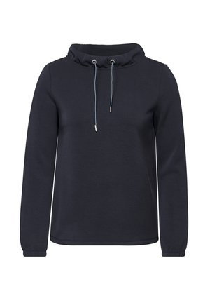 Sudadera de un oscuro color navy con cuello alto, cordones y mangas largas. Fabricada con un material suave y de textura lisa. Sin patrones ni detalles.