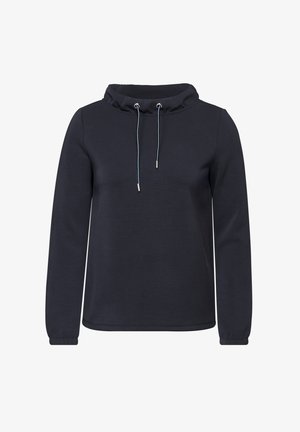 Sudadera de un oscuro color navy con cuello alto, cordones y mangas largas. Fabricada con un material suave y de textura lisa. Sin patrones ni detalles.