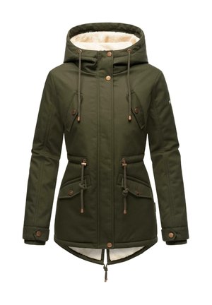 Green insulated jacket with a faux fur-lined hood, drawstrings at the waist, and metal accents. Features side pockets and a longer back hem.