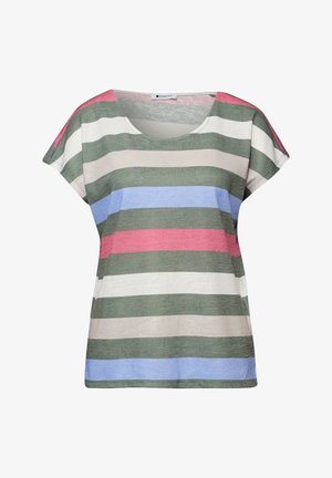 Kurzärmeliges Freizeitshirt mit horizontalen Streifen in Grün, Weiß, Beige, Pink und Blau, mit rundem Ausschnitt.