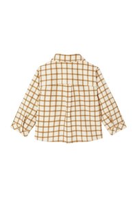 Braun-weiße kariert Flanellhemden, lange Ärmel, eine Tasche auf dem Rücken, Knopfmanschetten, entspannte Passform, weiche Textur.