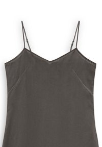 Camiseta gris sin mangas con finas tirantes, diseño de escote en V, textura de tela suave y costuras mínimas para una apariencia limpia y elegante.