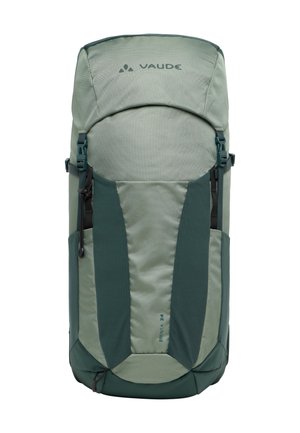 Zaino verde Vaude Brenta 24 con finitura testurizzata, spallacci imbottiti, chiusura superiore, tasche laterali e logo sul fronte.