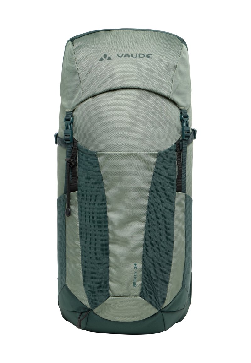 Zaino verde Vaude Brenta 24 con finitura testurizzata, spallacci imbottiti, chiusura superiore, tasche laterali e logo sul fronte.