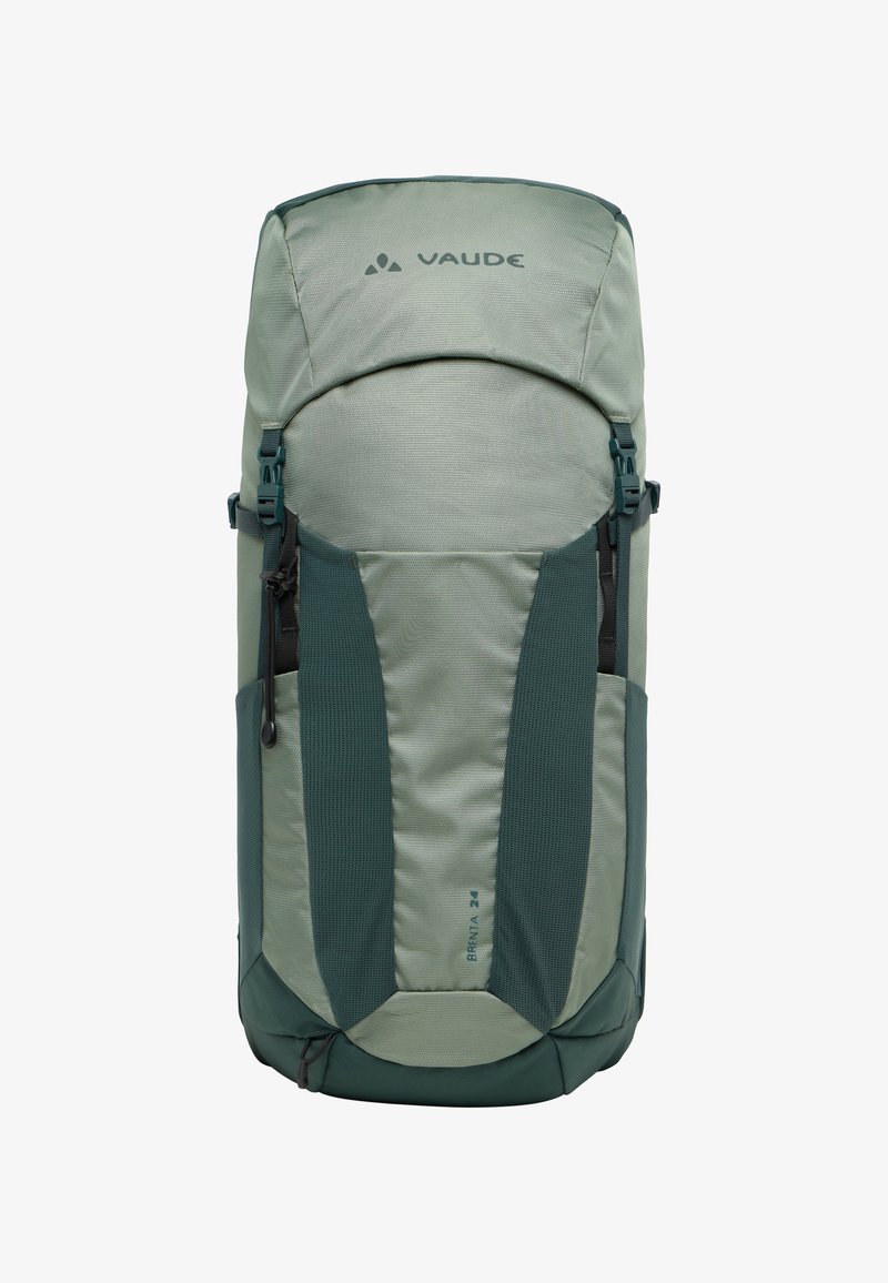 Zaino verde Vaude Brenta 24 con finitura testurizzata, spallacci imbottiti, chiusura superiore, tasche laterali e logo sul fronte.