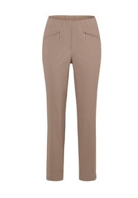 Beige tapered broek met een elastische tailleband, voorzien van twee ritszakken aan de voorkant en een gladde, lichte stoftextuur.
