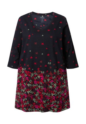 Blumenkleid im Tunika-Stil mit navy Hintergrund und roten sowie grünen Blattmustern, V-Ausschnitt und drei Viertelärmeln. Weicher Stoff.