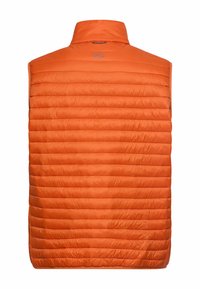 Orangefarbene, gesteppte, ärmellose Steppweste mit horizontalen Nähten und hohem Kragen, von hinten gezeigt.