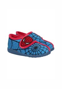 Zapatillas de fieltro azules con un acento rojo, patrón de telaraña y un aplique de la cara de Spider-Man. Con punta cerrada y cinta de Velcro para un fácil uso.
