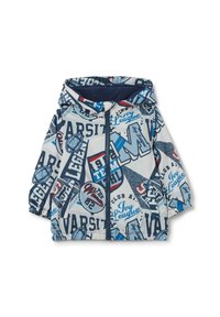 Colorful hooded jacket featuring a mix of blue and red letters and designs on a light background. Material appears smooth and lightweight.