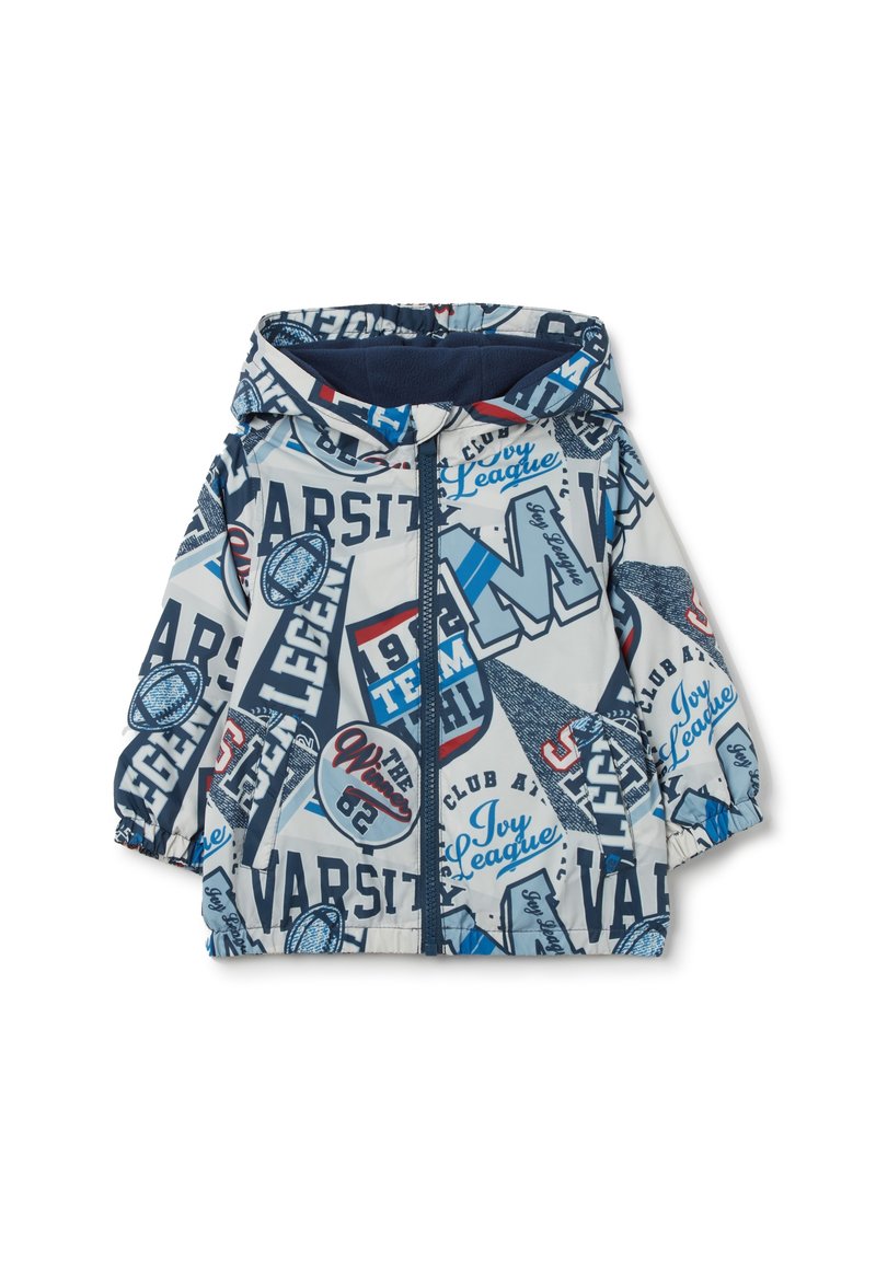 Colorful hooded jacket featuring a mix of blue and red letters and designs on a light background. Material appears smooth and lightweight.