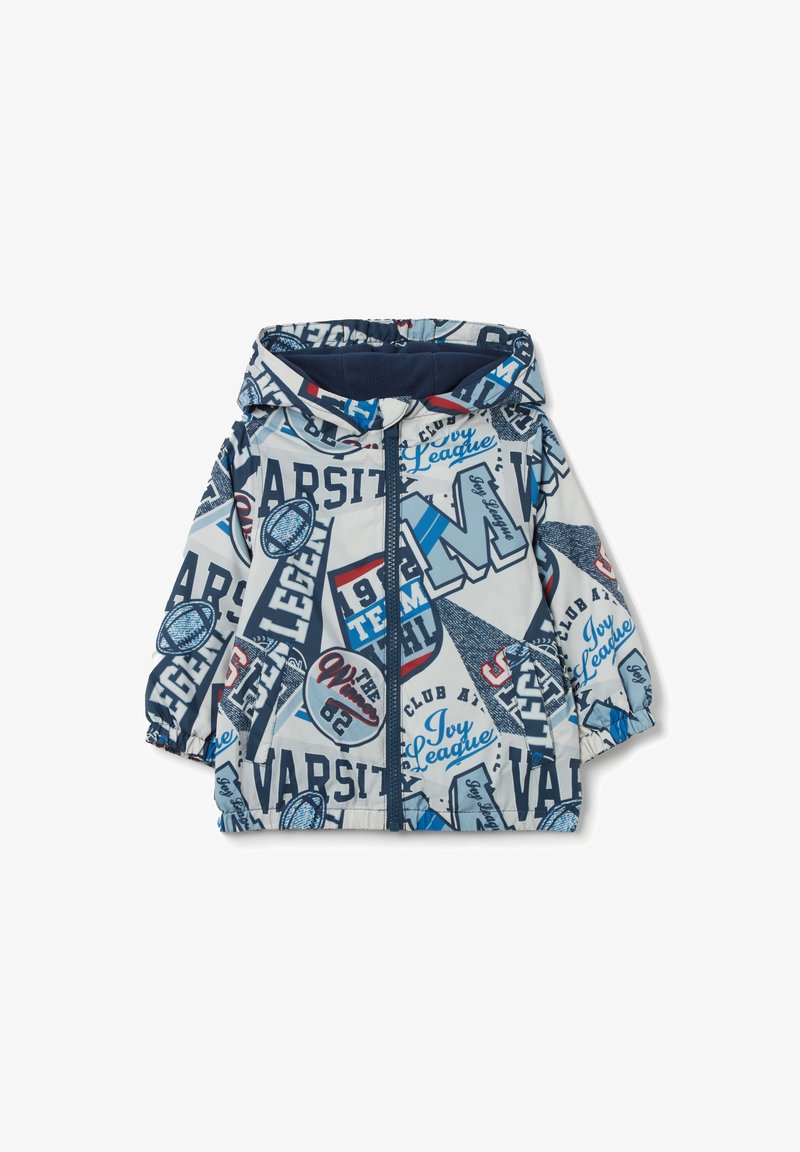 Colorful hooded jacket featuring a mix of blue and red letters and designs on a light background. Material appears smooth and lightweight.