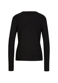 Schwarzer gerippter Pullover mit langen Ärmeln, rundem Ausschnitt und enger Passform. Der Stoff ist strukturiert, was das visuelle Interesse verstärkt.