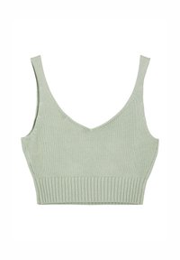 Bralette a maglia verde chiaro con scollo a V, spalline larghe e bordino a coste nella parte inferiore. Tessuto morbido, design informale.