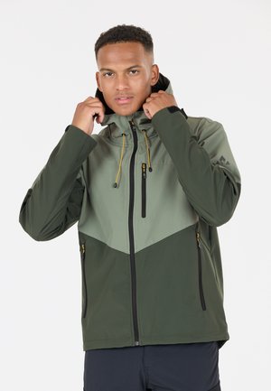 Veste verte et grise avec capuche, dotée d'une fermeture éclair à l'avant, de deux poches latérales et de cordons de serrage réglables. Texture lisse, design sportif.