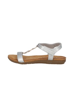 Sandale métallique argentée avec un design à T, semelle en faux suède marron et semelle en caoutchouc minimaliste pour une traction et un confort optimaux.
