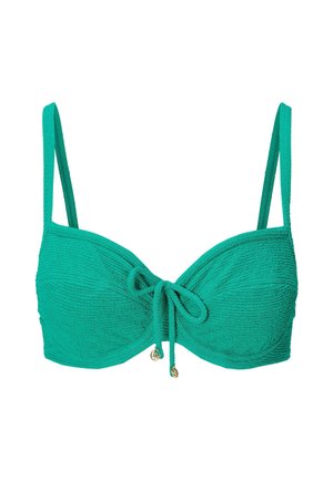 Zelený texturovaný vršek bikin s nastavitelnými ramínky, středovým vázáním a malými zlatými akcenty. Hladký povrch s mírným leskem.