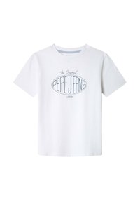 Bílý bavlněný tričko s krátkým rukávem, s modrým grafickým nápisem "The Original PEPE JEANS LONDON" ve tvaru oválu uprostřed.