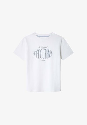 Valge puuvillane T-särk lühikeste varrukatega, mille keskosas on ovaalse kujundusega sinine graafiline tekst "The Original PEPE JEANS LONDON".