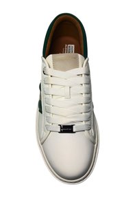 Weiße Leder-Sneaker mit grünen Akzenten, ausgestattet mit flachen weißen Schnürsenkeln, einer Gummisohle und einem markierten Metallschild im Bereich der Schnürsenkel.