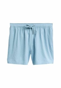 Şorturi de culoare albastru deschis, confecționate dintr-un material texturat, având un brâu elastic cu șnur și o croială lejeră.