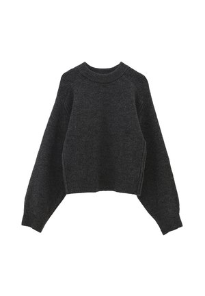 Suéter corto de color gris oscuro hecho de material de punto texturizado. Presenta un cuello redondo y mangas largas y anchas con detalles de canalé en el dobladillo.