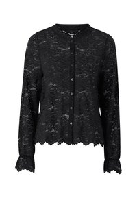 Sort blondebluse med lange ærmer, bølget kant og manchetter, knaplukning fortil, med intrikate blomstermønstre og semi-gennemsigtigt materiale.