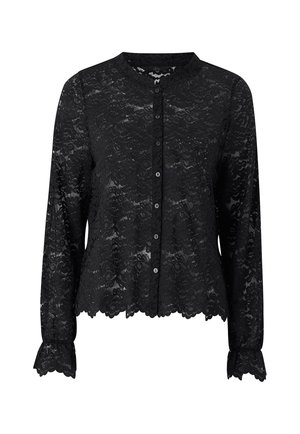 Zwarte kantblouse met lange mouwen, scalloped zoom en manchetten, knoopsluiting aan de voorkant, met ingewikkelde bloemmotieven en semi-transparante textuur.