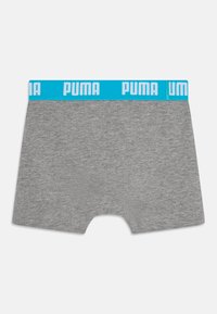 Sive pamučne bokserice s širokim plavim pojasom na kojem piše "PUMA" bijelim slovima. Glatka tekstura i osnovni dizajn.