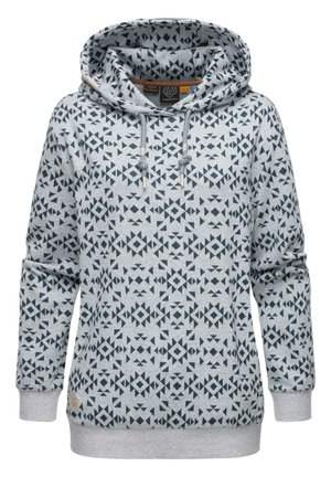 Felpa grigia con motivi geometrici blu navy, dotata di cappuccio con cordino, polsini a costine e patch con logo sul lato inferiore. Tessuto morbido e testurizzato.