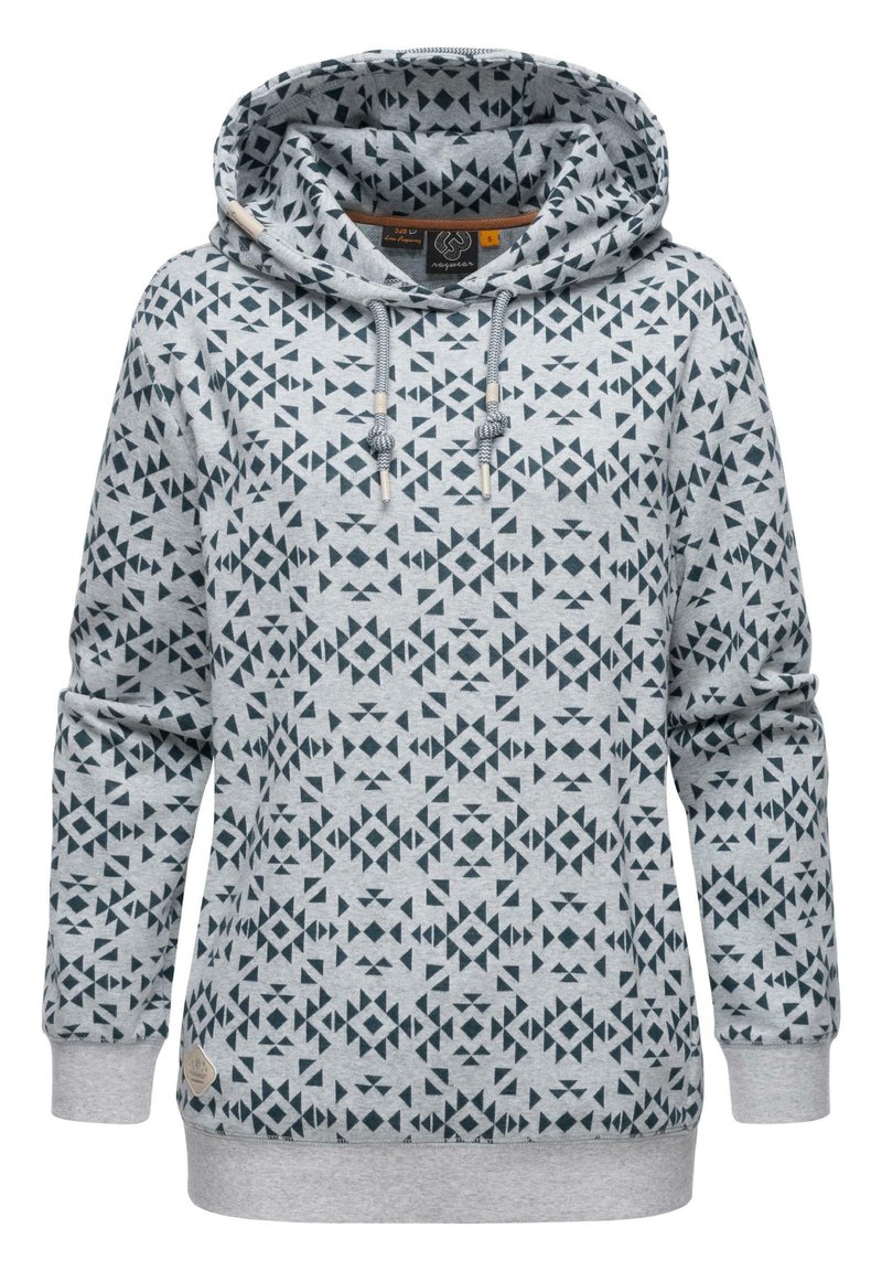 Felpa grigia con motivi geometrici blu navy, dotata di cappuccio con cordino, polsini a costine e patch con logo sul lato inferiore. Tessuto morbido e testurizzato.