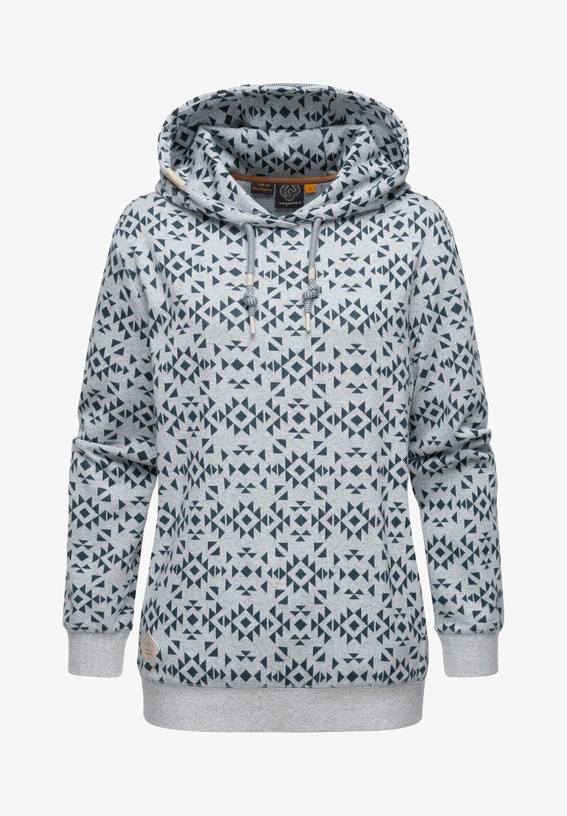 Felpa grigia con motivi geometrici blu navy, dotata di cappuccio con cordino, polsini a costine e patch con logo sul lato inferiore. Tessuto morbido e testurizzato.