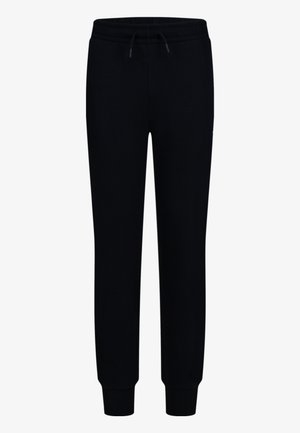 Pantalones de chándal negros con cinturilla elástica y cordón de ajuste, con un diseño de pierna ajustada y puños acanalados. Material de algodón suave.