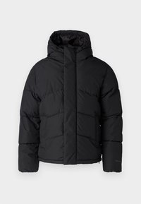 Black puffer jacket with a hood, featuring a full front zipper, horizontal quilted pattern, and elastic cuffs. Smooth outer material.