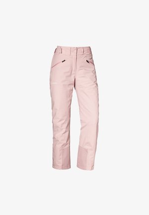 Pantaloni da neve impermeabili rosa chiaro con una texture liscia, vita regolabile, due tasche con zipper e pannelli rinforzati alle caviglie.