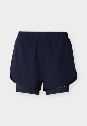 Pantaloncini sportivi due-in-uno blu navy con cintura elastica, caratterizzati da uno strato esterno ampio e pantaloncini compressivi interni aderenti.